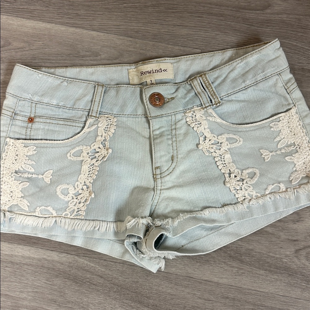 Rewind Sky Blue Shorts with Lace Accents